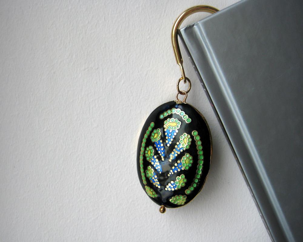Art Nouveau Cloisonne Pendant Bookmark, Green And Blue On Black